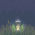 Lantern burning with a candle on a clearing in the grass dark blue night forest sky with stars vector illustration background