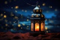 Lantern with burning candle on dark background. Ramadan Kareem concept, A Diwali lantern glowing against the night sky, AI