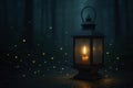 Lantern with a burning candle among fireflies in the forest. Space for text. Royalty Free Stock Photo