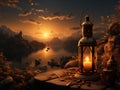 Lantern with burning candle on the pier in a fantasy landscape.