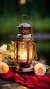 Lantern with burning candle and roses on wooden table in garden Royalty Free Stock Photo