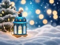 Lantern and Christmas tree glowing with decoration, Christmas holiday card Royalty Free Stock Photo