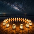 Lantern circle on beach night sky with Milky Way galaxy Royalty Free Stock Photo