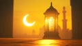 Lantern and a crescent moon for Eid Mubarak and Ramadan Kareem on a yellow background, with copy space for text Royalty Free Stock Photo