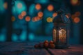 Lantern and Dates Fruit with Bokeh Light on Dark Background. Ramadan Mubarak Royalty Free Stock Photo