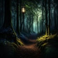 a lantern in a deep dark fairytale forest Royalty Free Stock Photo