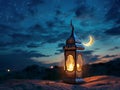 Lantern in the desert at night. Ramadan Kareem background Generative AI