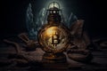lantern design golden bitcoin in dark place generative AI Royalty Free Stock Photo