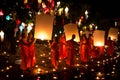 Loy Krathong, lantern, Buddhist monks release sky l Royalty Free Stock Photo