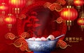 Lantern festival poster of tangyuan glutinous rice dumpling balls in blue porcelain bowl with floral patterns on 3d podium