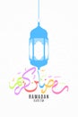 Lantern in flat style and multicolored calligraphy drawn by hand. Islamic geometric ornament. Arabic lantern. Background for Ramad