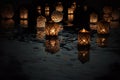 A lantern floating on the lake at night. Chinese paper floating lanterns, Generative Ai.