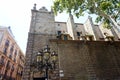 Lantern in front of the facade of one of the beautiful houses on La Rambla in Barcelona Royalty Free Stock Photo