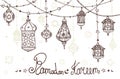 Lantern garland of Ramadan Kareem.Doodle greeting card