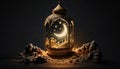 Lantern with a glowing crescent on a rock dark background. Mosque as a place of prayer for Muslims