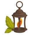 Lantern or lamp with flame inside and plant leaves