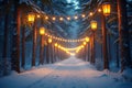 Lantern Lit Path Through a Snowy Forest A Magical Winter Walkway Illuminated by Warm Light in a Cold Environment Royalty Free Stock Photo