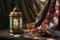 Lantern-lit Table: A cozy Middle Eastern tableau with a lantern casting patterned shadows, showcasing tea, dates, and Royalty Free Stock Photo