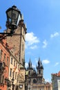 Lantern, Old Town City Hall and Church of Our Lady before Tyn in Prague Royalty Free Stock Photo