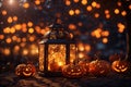 Lantern pumpkins for Halloween festive bokeh. ai generative