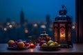 lantern with ramadan food on blurry city background.Eid-Ul-Adha festival celebration. Generative AI