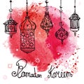 Lantern of Ramadan Kareem.Doodle.Watercolor red splash Royalty Free Stock Photo