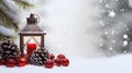 Lantern with red burning candle still life with Christmas balls, pine cones and spruce branches. Royalty Free Stock Photo