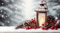 Lantern with red burning candle still life with Christmas balls and pine cones. Royalty Free Stock Photo