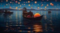 lantern river water celebration light festival travel night lamp boat. Generative AI. Royalty Free Stock Photo