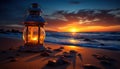 Lantern on sand in beach at sunset generative AI