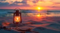Lantern in the sand before a beautiful beach at sunset. Coastal tranquility, Ai Generated