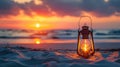 Lantern in the sand before a beautiful beach at sunset. Coastal tranquility, Ai Generated