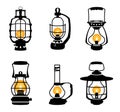 Lantern silhouette. Vintage black oil kerosene gas lamps, monochrome retro night light equipment with holder flat style Royalty Free Stock Photo