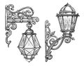 Wall wrought iron street lamp in engraving style. Lantern sketch vintage illustration Royalty Free Stock Photo