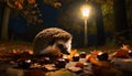 lantern stands in the autumn leaves and a hedgehog