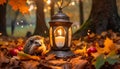 lantern stands in the autumn leaves and a hedgehog