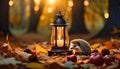 lantern stands in the autumn leaves and a hedgehog