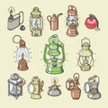 Lantern vector antique light lamp or vintage lighter or flash-light for lighting illustration lightish set of cigarette Royalty Free Stock Photo