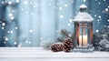 Lantern with white burning candle still life with pine cones and spruce branches. Royalty Free Stock Photo