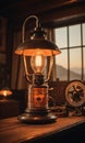 Lantern on a wooden table in a room with a window Royalty Free Stock Photo