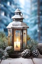 Lantern with yellow burning candle, pine cones and spruce branches.