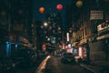 Lanterns along Mulberry Street in Chinatown at night, Manhattan, New York