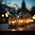 Lanterns on the background of the night city. Ramadan Kareem.