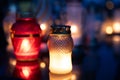 Lanterns in the cemetery at night. Selective focus.