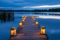 Lanterns emit a warm glow as they line the dock, creating a captivating sight, A private jetty extending into a calm lake at Royalty Free Stock Photo