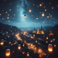 Lanterns float above an ancient town under a starry sky Royalty Free Stock Photo