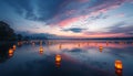 Lanterns floating on water at twilight scene Generative AI