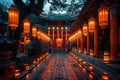 Lanterns glowing brightly in a courtyard at night during Wesak or Vesak Day celebrations