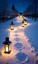 Lanterns Illuminating A Path To A Snowman, Night, Clear Skies, Aerial View. Generative AI