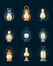 lanterns, kerosine vintage lamps for camping set. retro petrolium oil lanterns with burning wick. vector cartoon vintage